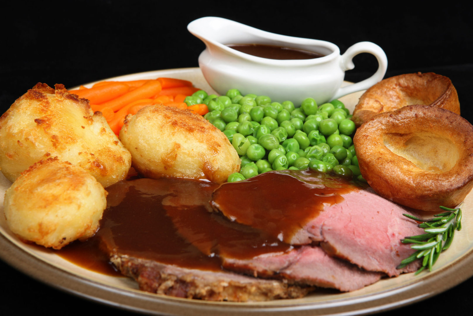 British roast beef dinner with Yorkshire puddings.